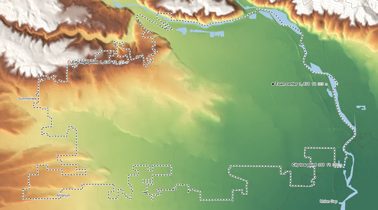 Topographic elevation map of Yakima, Washington, shaded from 980 ft on the southeast side to 1,630 ft on the west side
