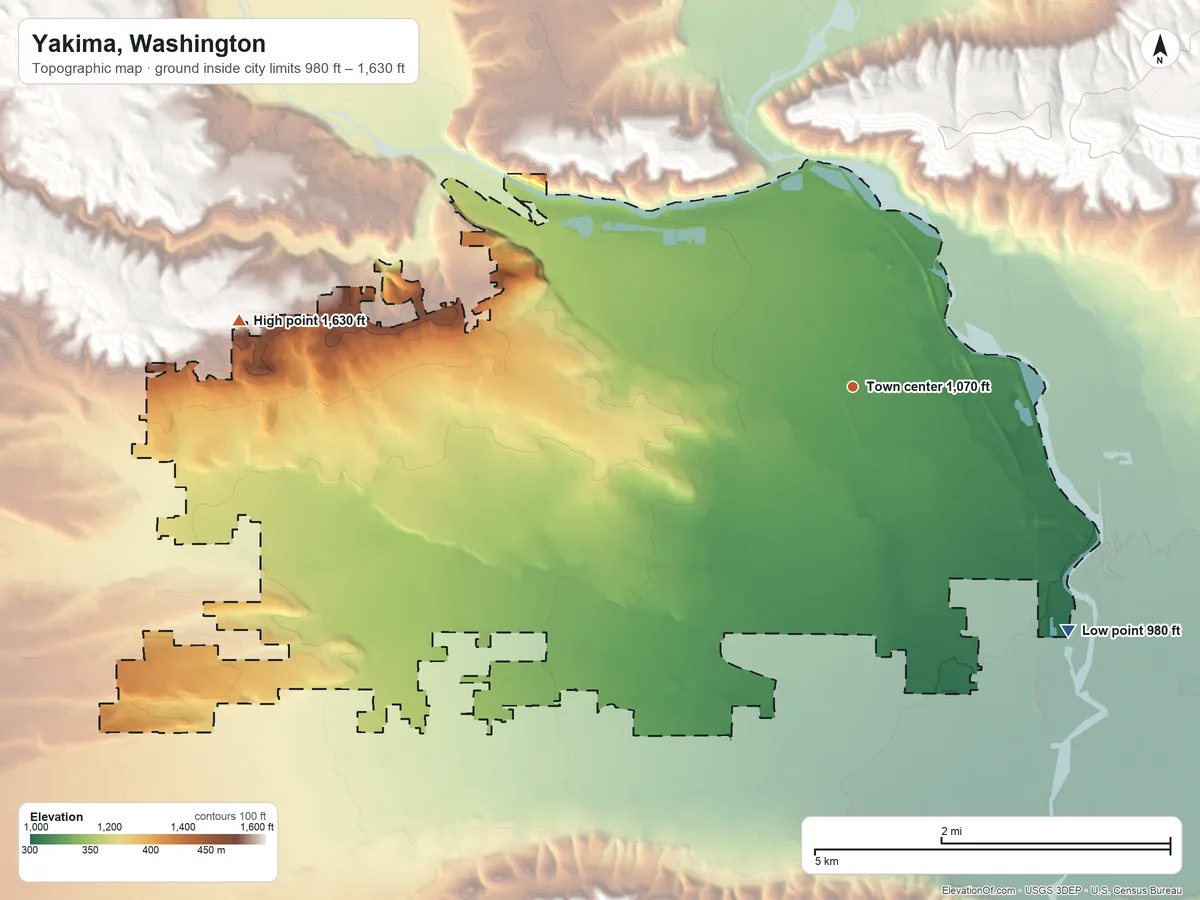 Topographic elevation map of Yakima, Washington, shaded from 980 ft on the southeast side to 1,630 ft on the west side