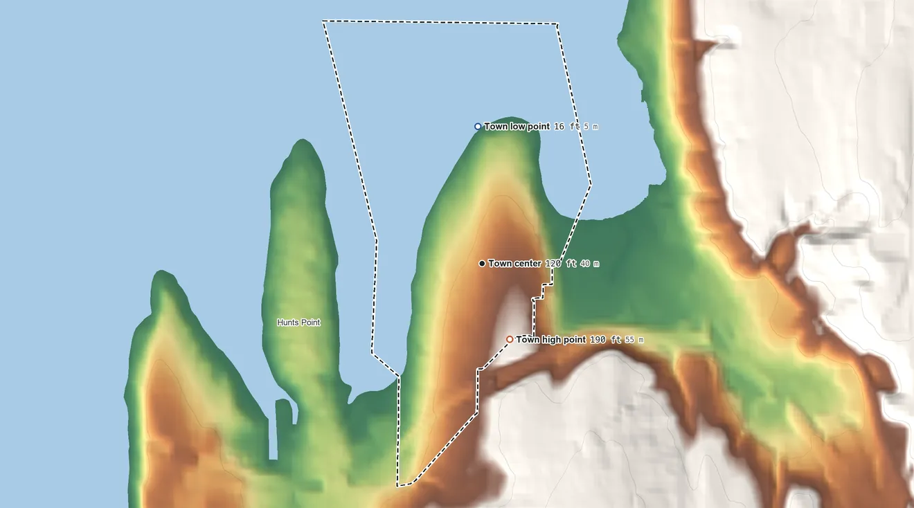 Topographic elevation map of Yarrow Point, Washington, shaded from 16 ft on the north side to 190 ft on the south edge, below higher ground just outside