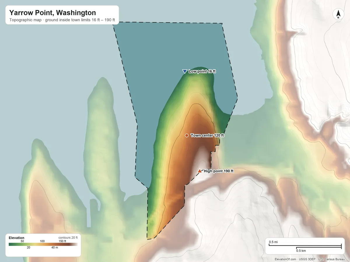 Topographic elevation map of Yarrow Point, Washington, shaded from 16 ft on the north side to 190 ft on the south edge, below higher ground just outside