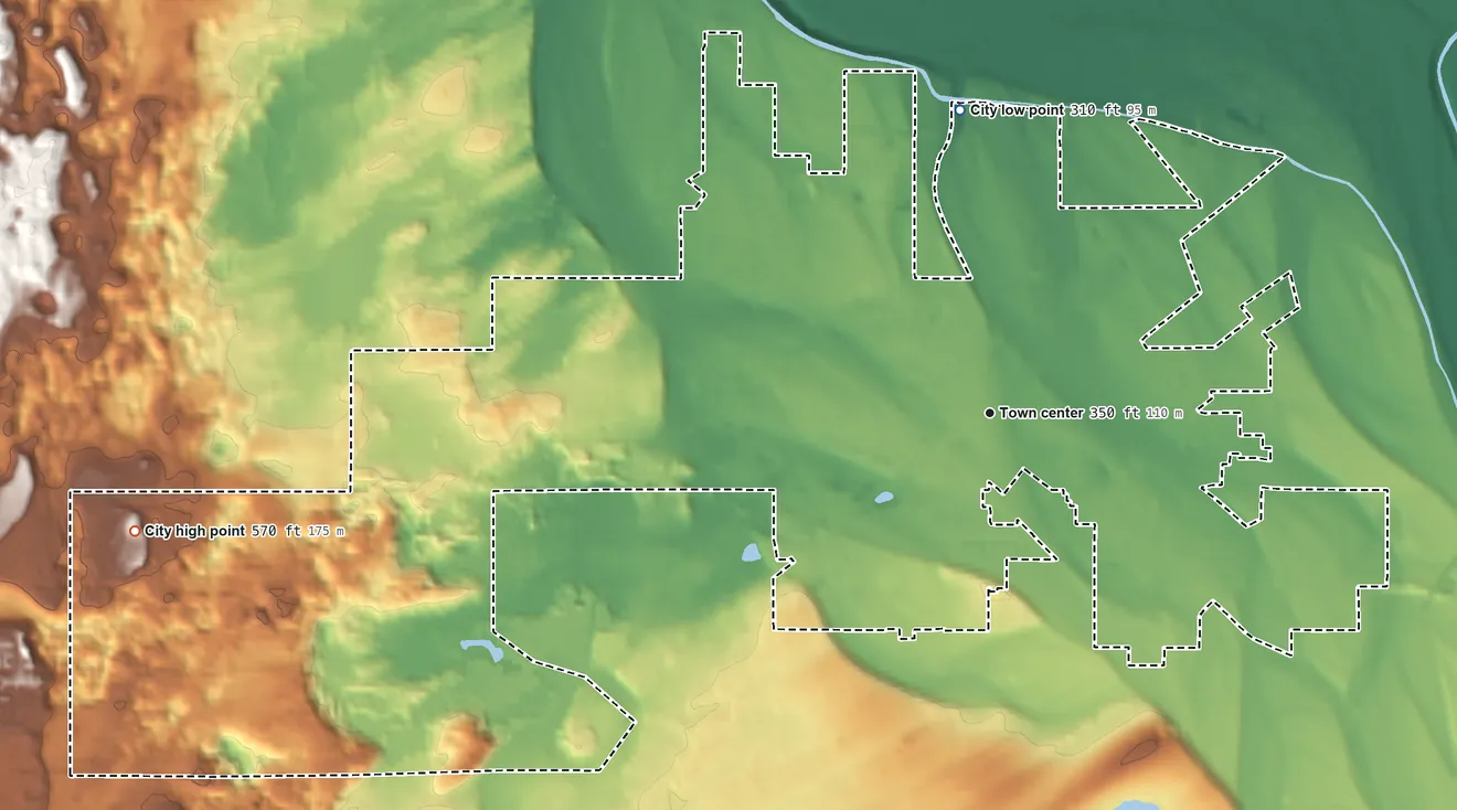 Topographic elevation map of Yelm, Washington, shaded from 310 ft on the north side to 570 ft on the west side
