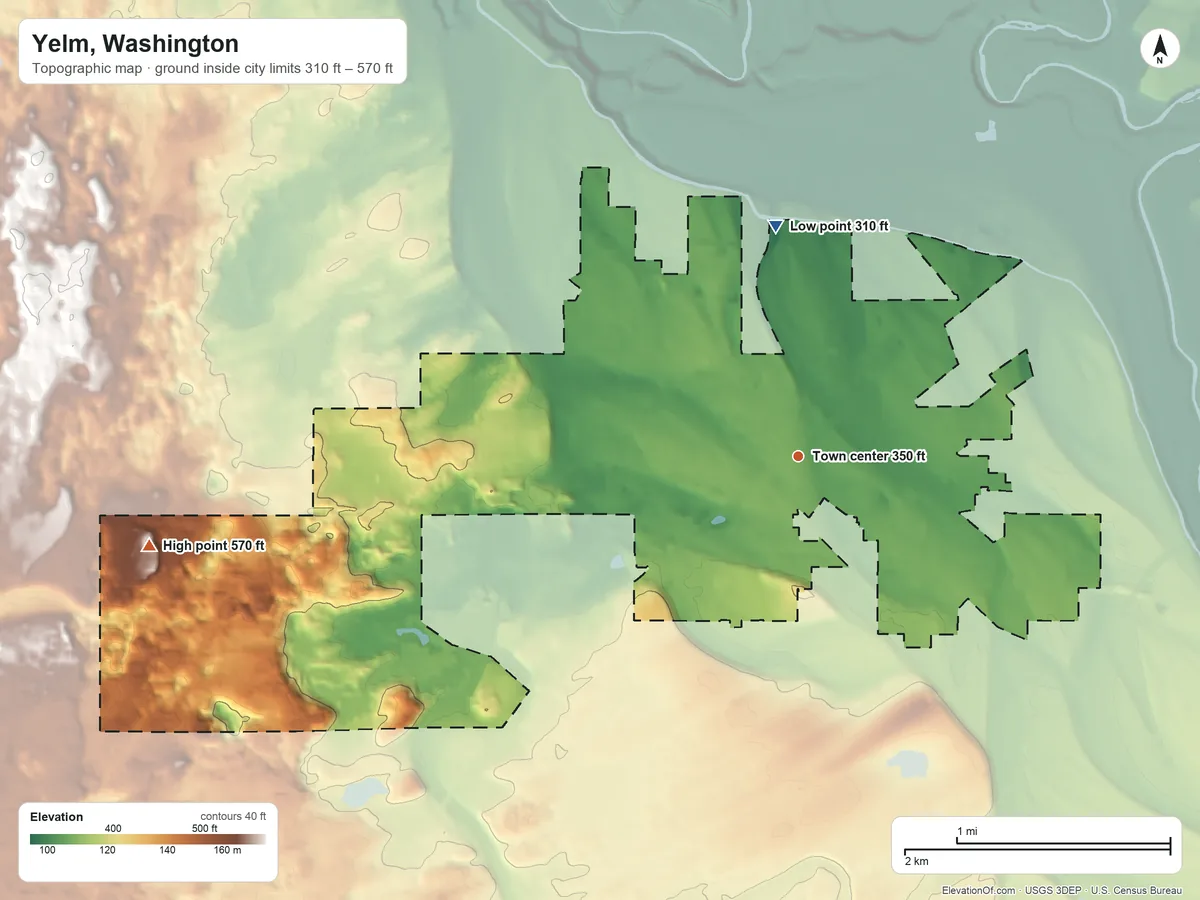 Topographic elevation map of Yelm, Washington, shaded from 310 ft on the north side to 570 ft on the west side