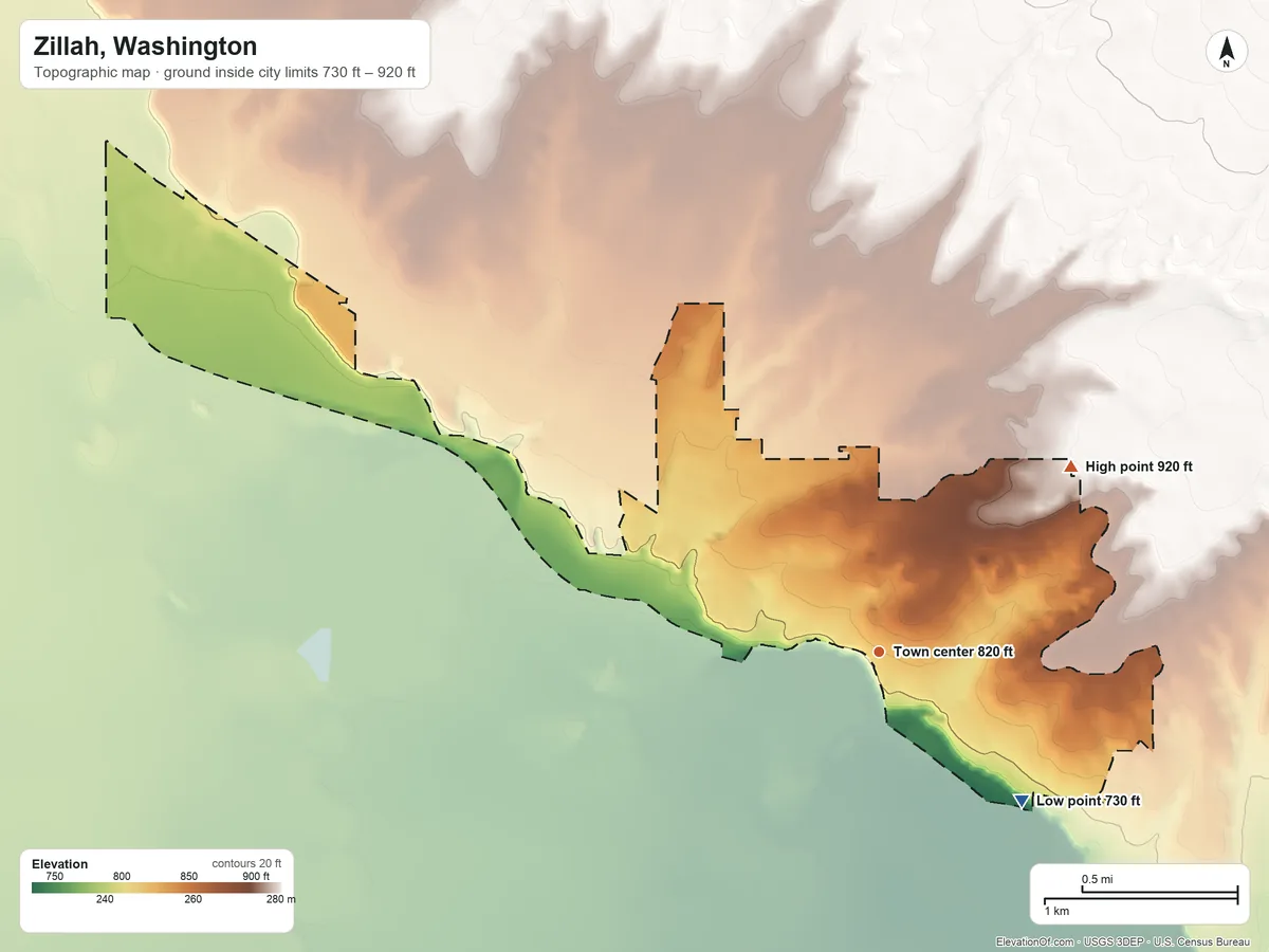 Topographic elevation map of Zillah, Washington, shaded from 730 ft on the southeast side to 920 ft on the northeast side