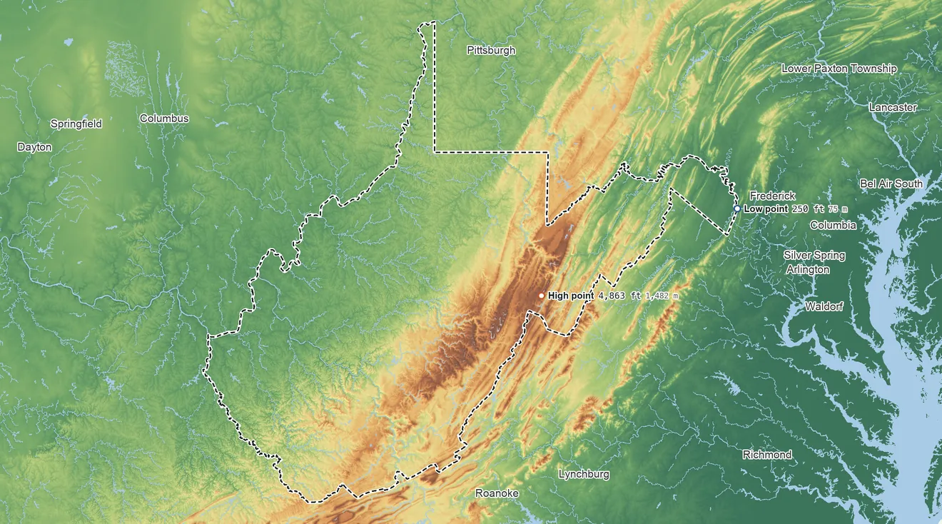 Topographic elevation map of West Virginia, shaded from 250 ft on the east side to 4,863 ft on Spruce Mountain