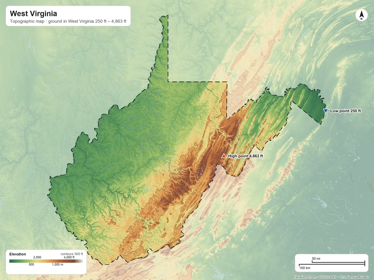 Topographic elevation map of West Virginia, shaded from 250 ft on the east side to 4,863 ft on Spruce Mountain