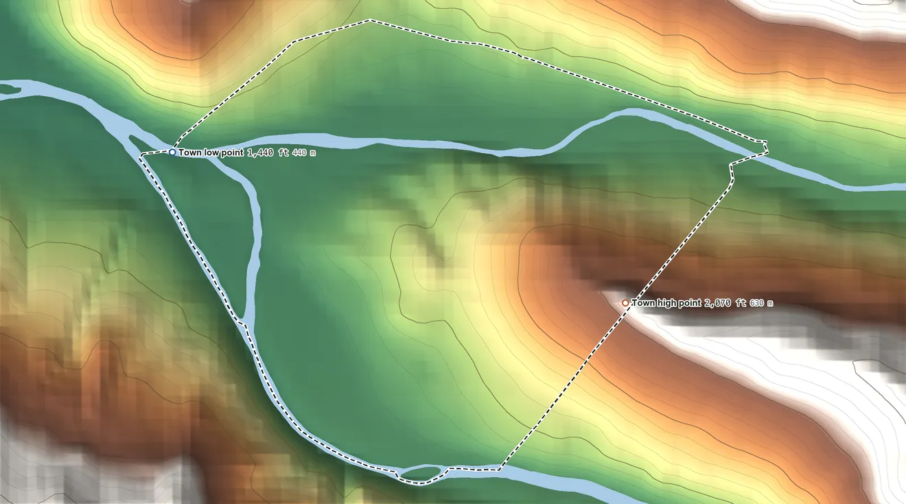 Topographic elevation map of Addison (Webster Springs), West Virginia, shaded from 1,440 ft on the northwest side to 2,070 ft on the east edge, below higher ground just outside