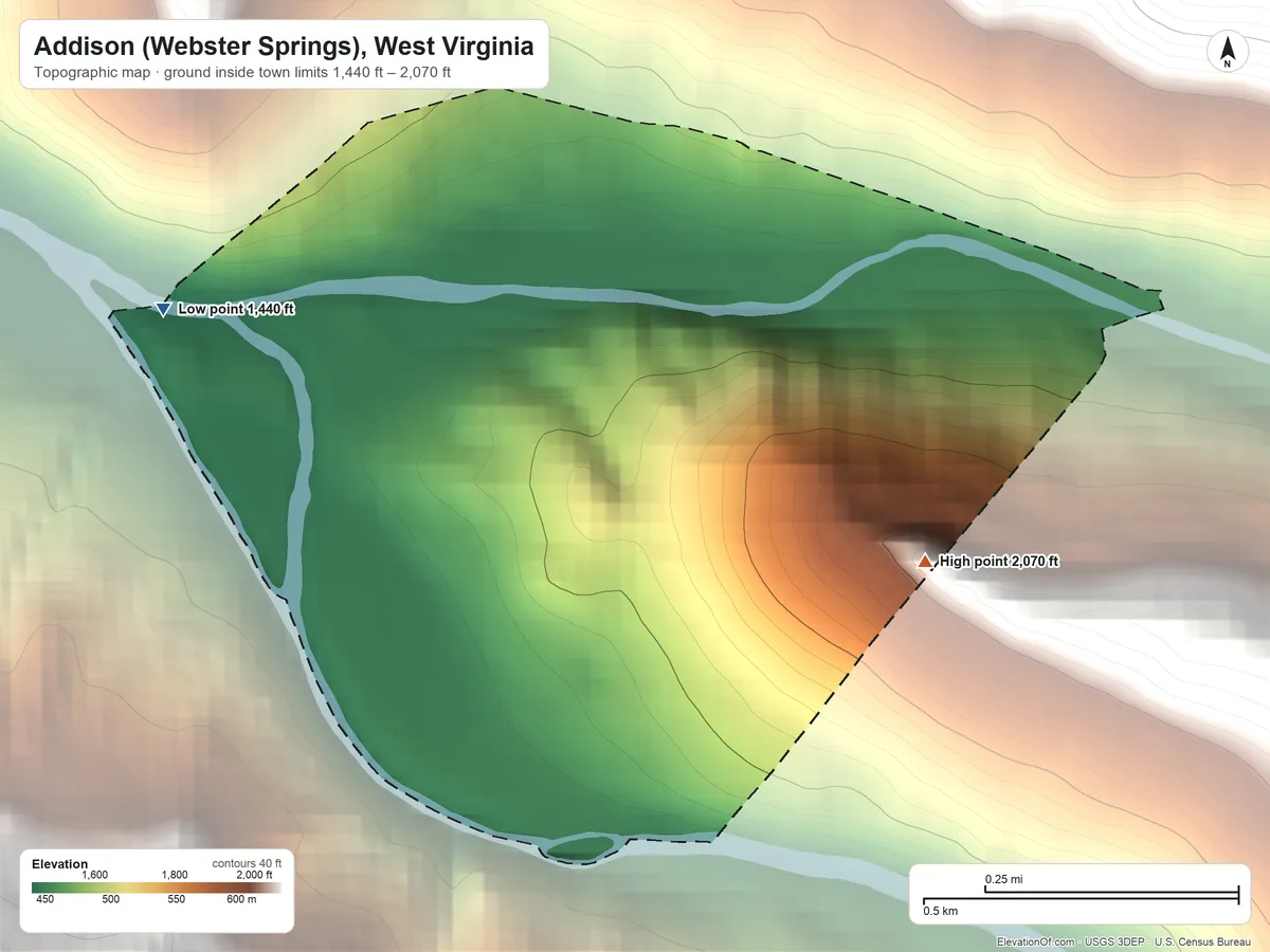 Topographic elevation map of Addison (Webster Springs), West Virginia, shaded from 1,440 ft on the northwest side to 2,070 ft on the east edge, below higher ground just outside