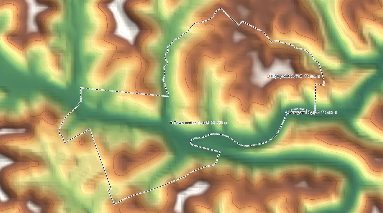 Topographic elevation map of Adrian, West Virginia, shaded from 1,420 ft on the east side to 1,710 ft on the northeast side