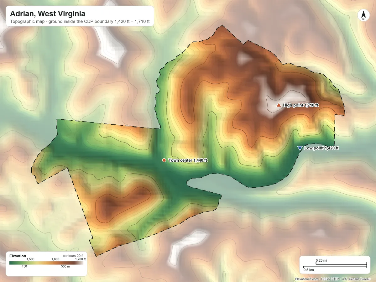 Topographic elevation map of Adrian, West Virginia, shaded from 1,420 ft on the east side to 1,710 ft on the northeast side