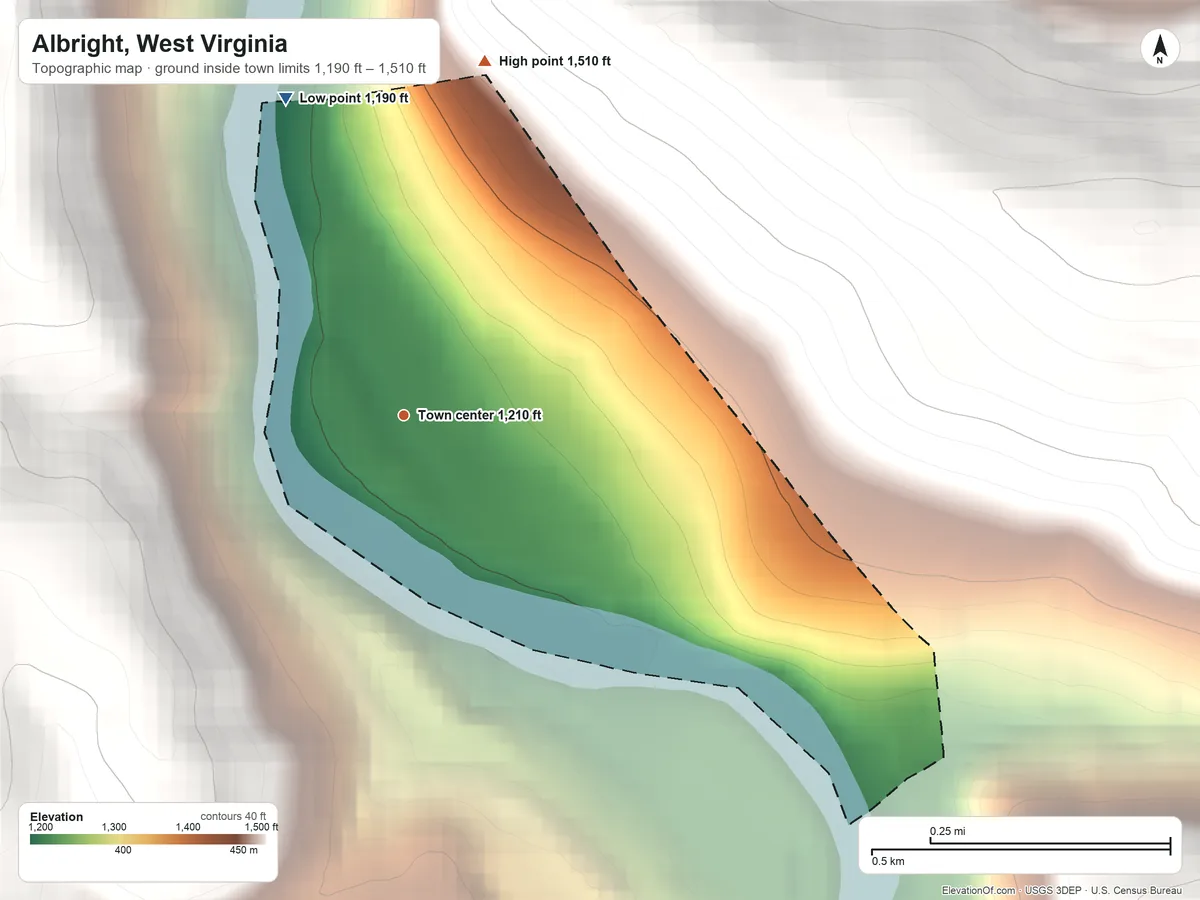 Topographic elevation map of Albright, West Virginia, shaded from 1,190 ft on the north side to 1,510 ft at the foot of the Briery Mountains