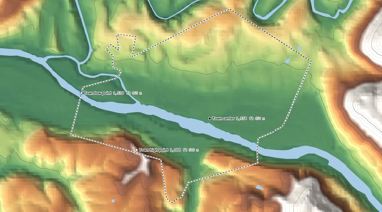 Topographic elevation map of Alderson, West Virginia, shaded from 1,530 ft on the west side to 1,900 ft on the southwest edge, below higher ground just outside
