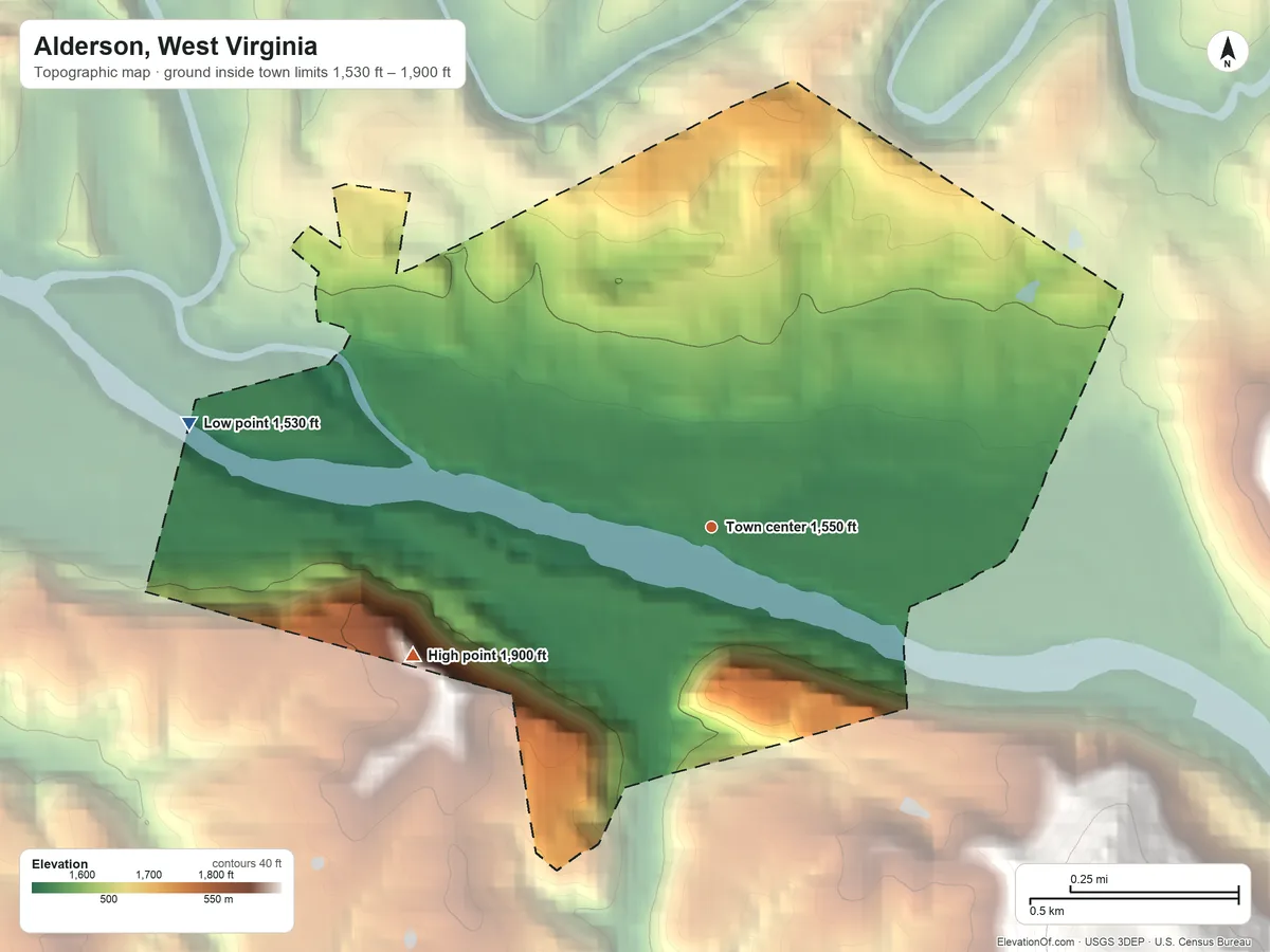Topographic elevation map of Alderson, West Virginia, shaded from 1,530 ft on the west side to 1,900 ft on the southwest edge, below higher ground just outside