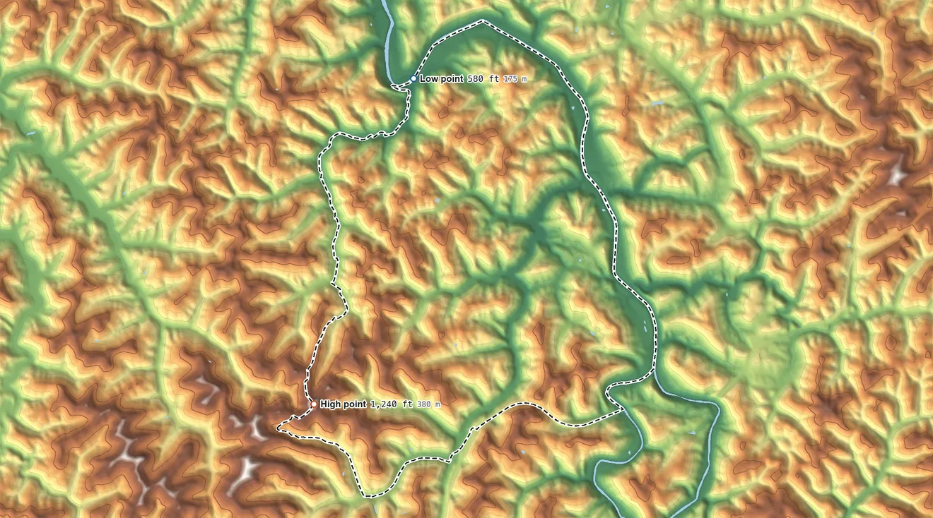 Topographic elevation map of Alum Creek, West Virginia, shaded from 580 ft on the northwest side to 1,240 ft on the southwest side