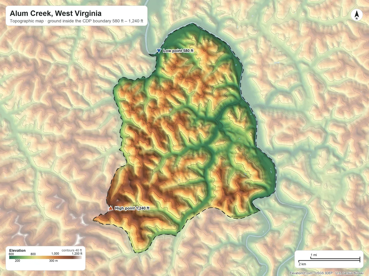 Topographic elevation map of Alum Creek, West Virginia, shaded from 580 ft on the northwest side to 1,240 ft on the southwest side