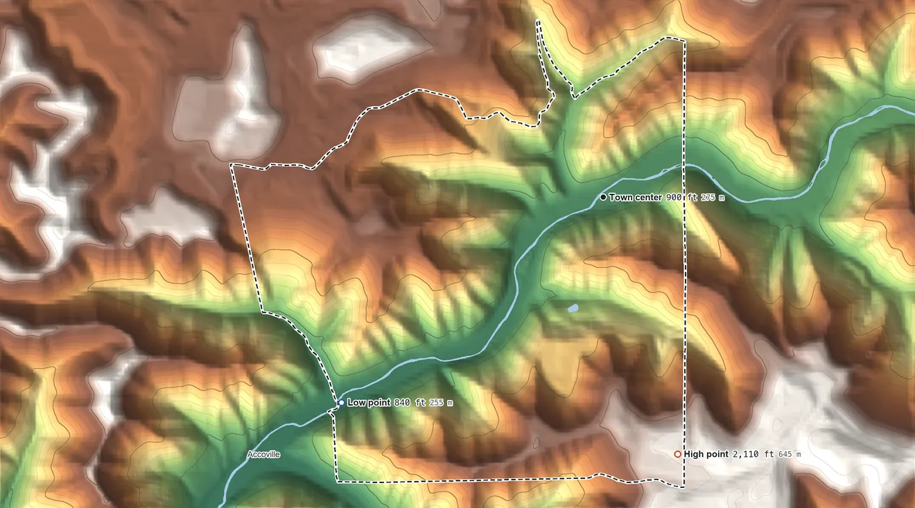 Topographic elevation map of Amherstdale, West Virginia, shaded from 840 ft on the southwest side to 2,110 ft on the south side