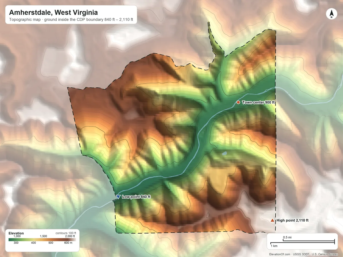 Topographic elevation map of Amherstdale, West Virginia, shaded from 840 ft on the southwest side to 2,110 ft on the south side