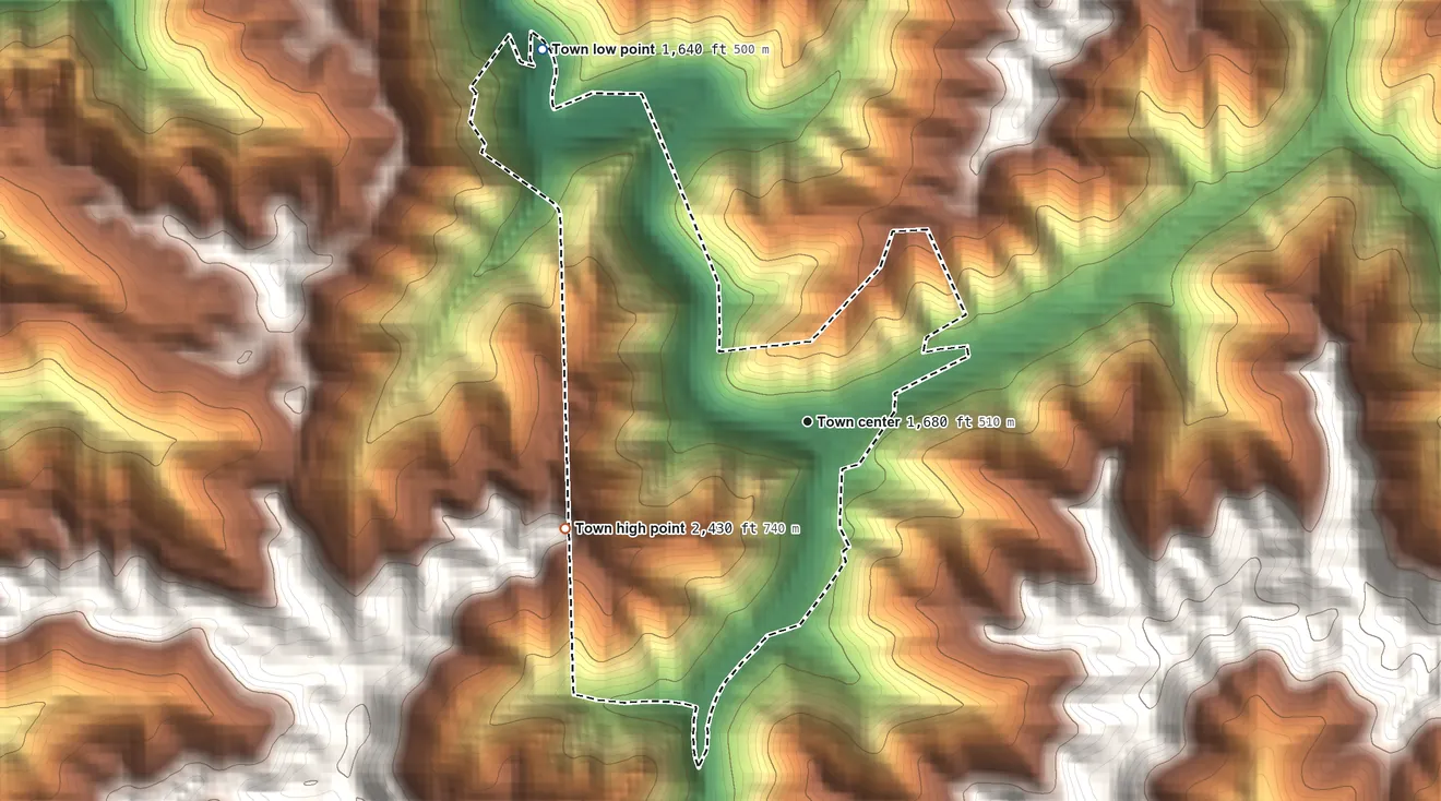 Topographic elevation map of Anawalt, West Virginia, shaded from 1,640 ft on the northwest side to 2,430 ft on the southwest side