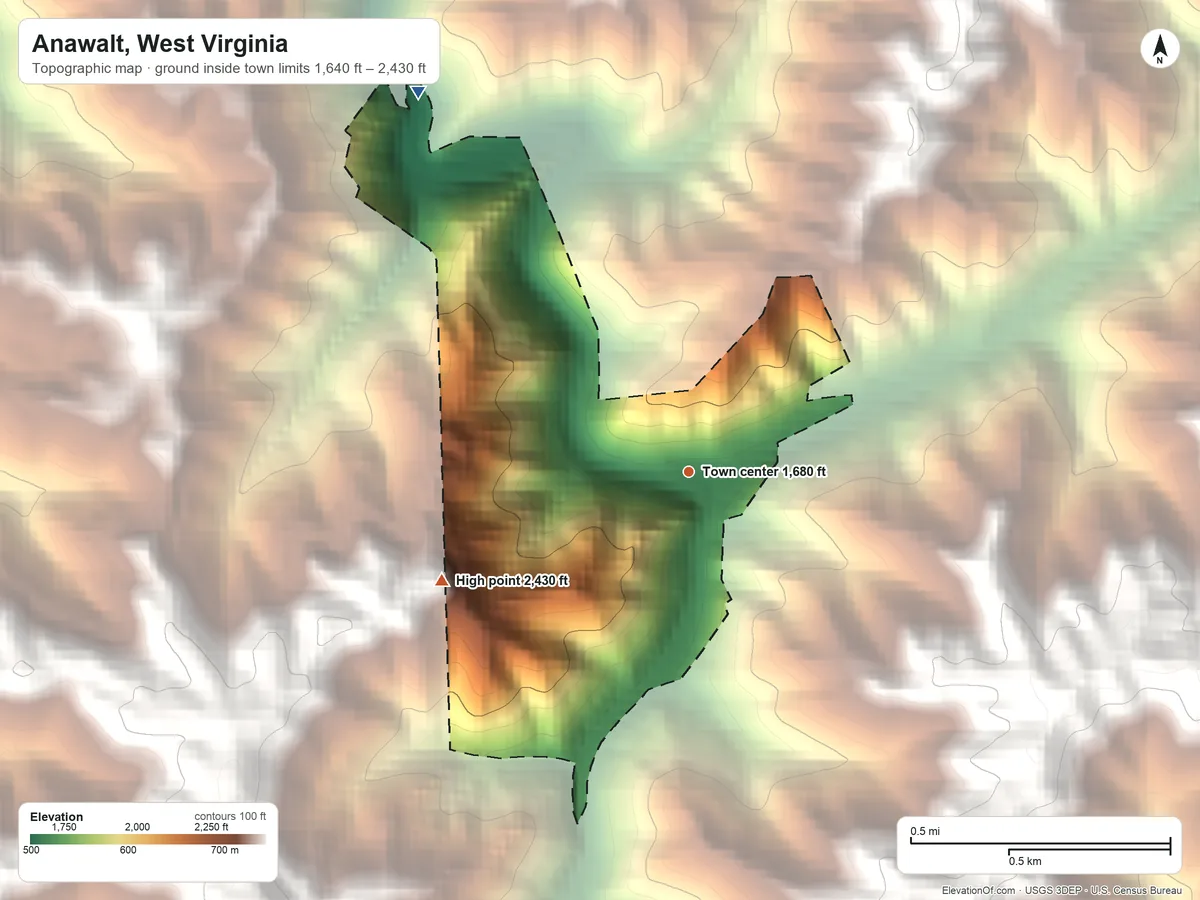 Topographic elevation map of Anawalt, West Virginia, shaded from 1,640 ft on the northwest side to 2,430 ft on the southwest side