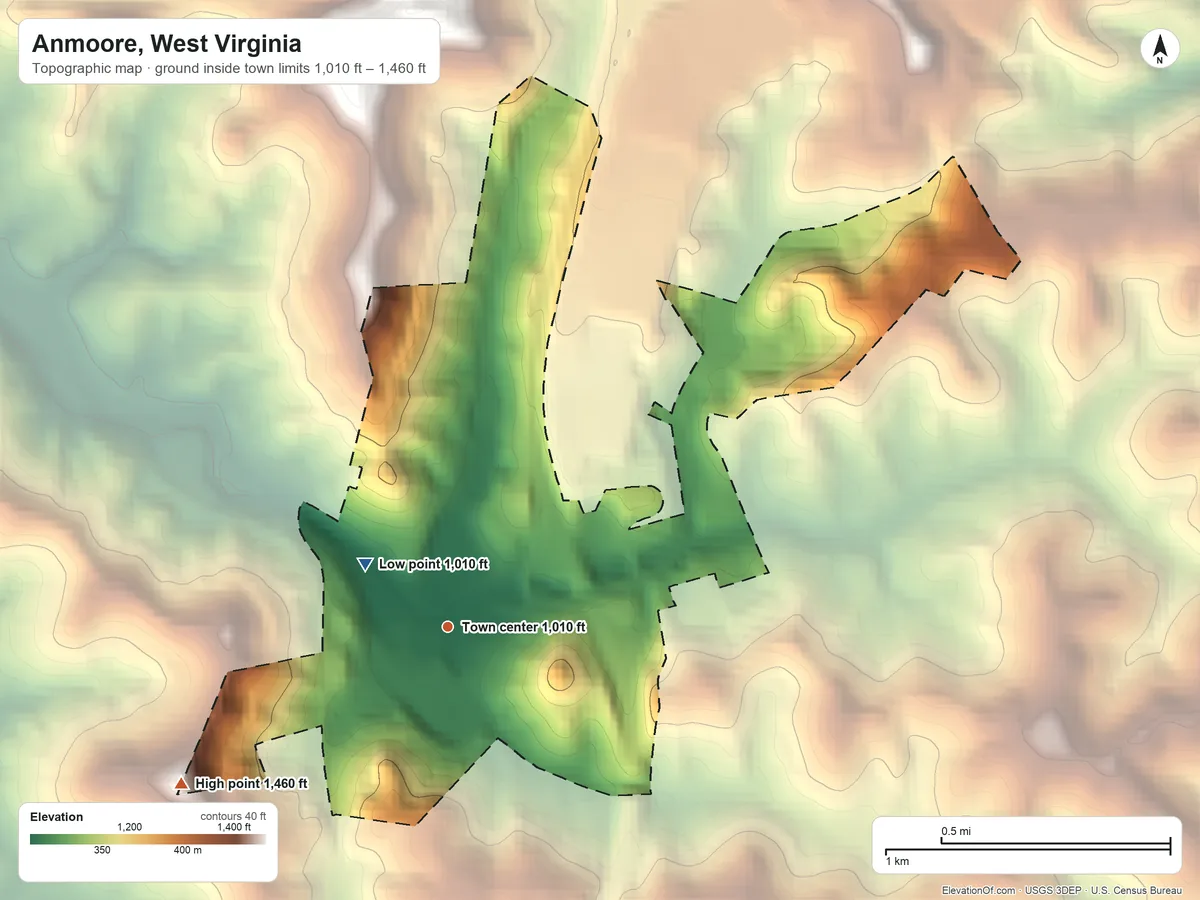 Topographic elevation map of Anmoore, West Virginia, shaded from 1,010 ft near the middle to 1,460 ft on the southwest side