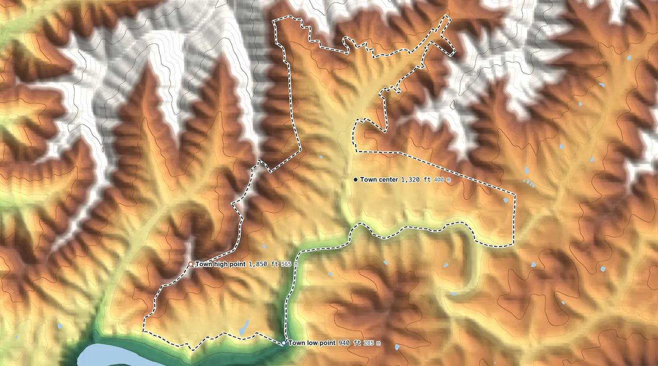 Topographic elevation map of Ansted, West Virginia, shaded from 940 ft on the southwest side to 1,850 ft on the southwest edge, below higher ground just outside