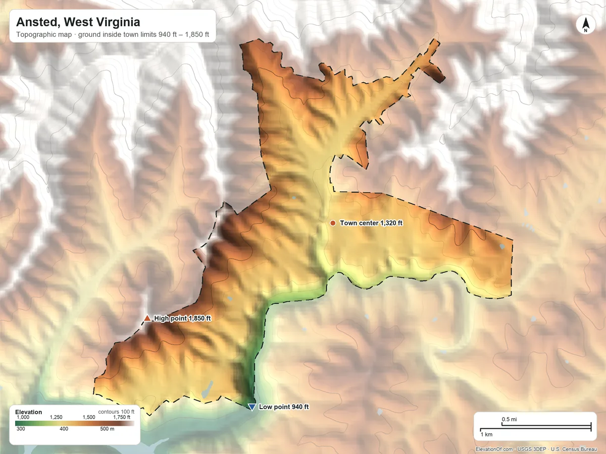 Topographic elevation map of Ansted, West Virginia, shaded from 940 ft on the southwest side to 1,850 ft on the southwest edge, below higher ground just outside