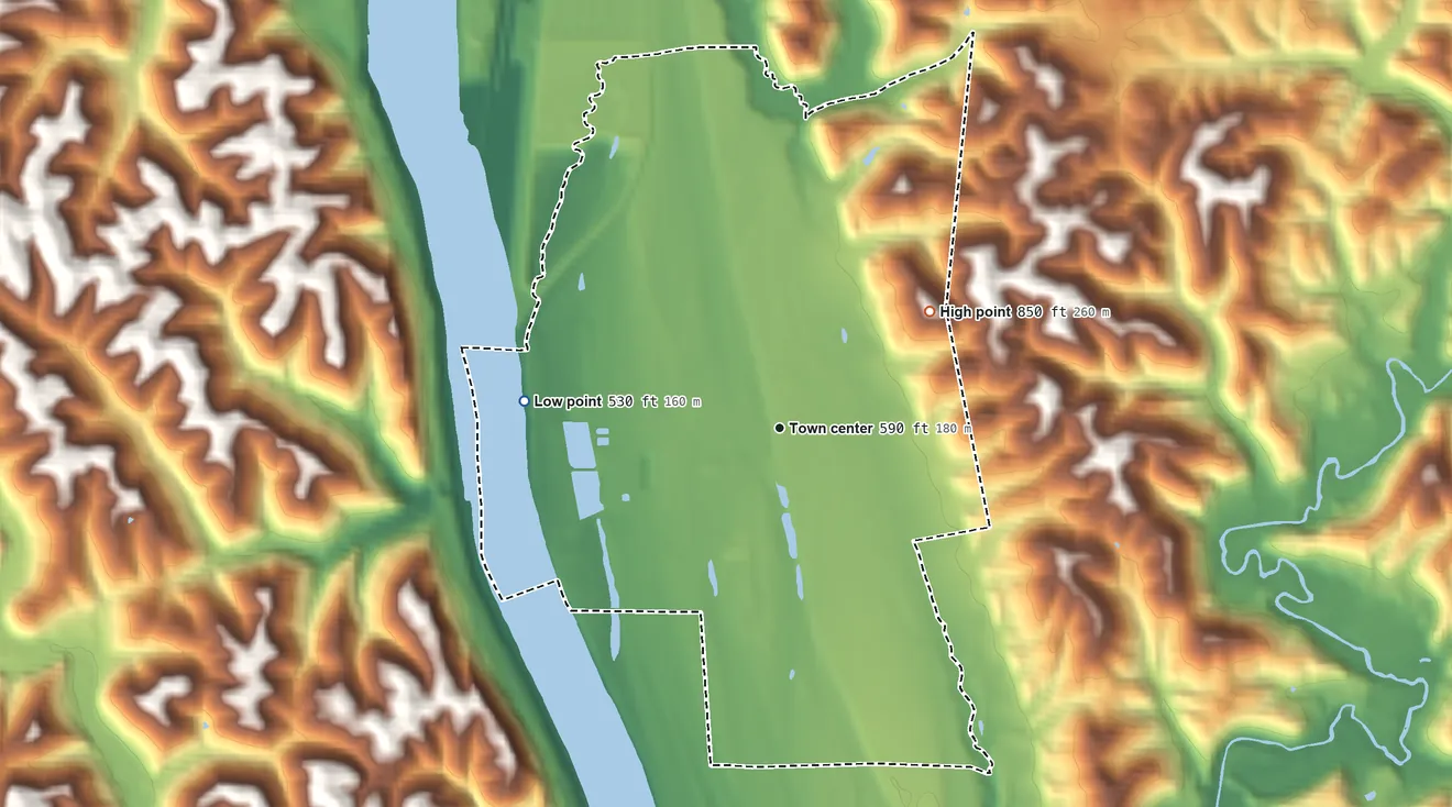 Topographic elevation map of Apple Grove, West Virginia, shaded from 530 ft on the west side to 850 ft on the northeast side