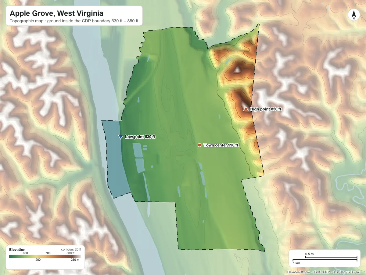 Topographic elevation map of Apple Grove, West Virginia, shaded from 530 ft on the west side to 850 ft on the northeast side