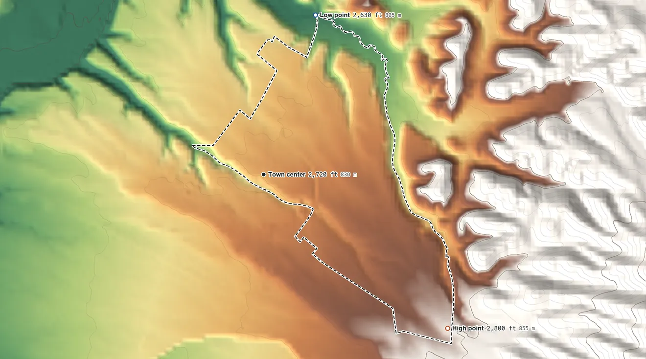 Topographic elevation map of Arbovale, West Virginia, shaded from 2,630 ft on the north side to 2,800 ft on the southeast edge, below higher ground just outside