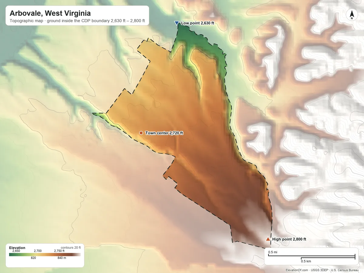 Topographic elevation map of Arbovale, West Virginia, shaded from 2,630 ft on the north side to 2,800 ft on the southeast edge, below higher ground just outside