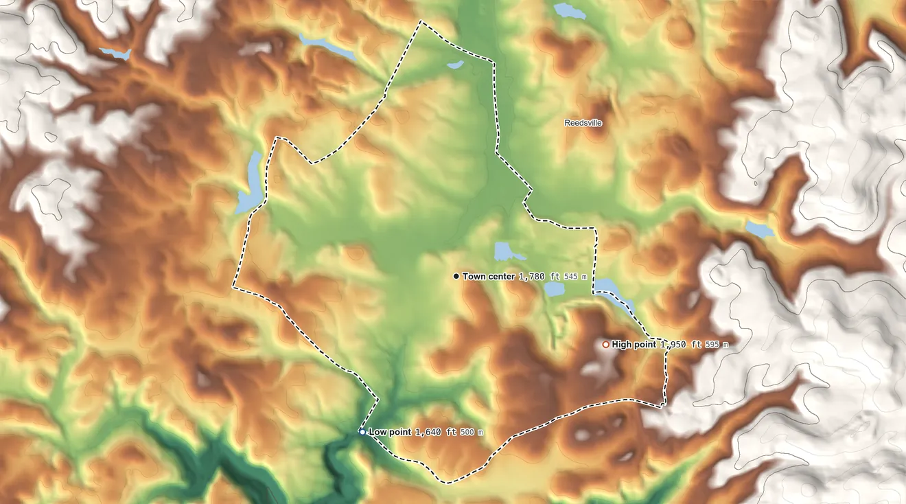 Topographic elevation map of Arthurdale, West Virginia, shaded from 1,640 ft on the southwest side to 1,950 ft at the foot of the Briery Mountains