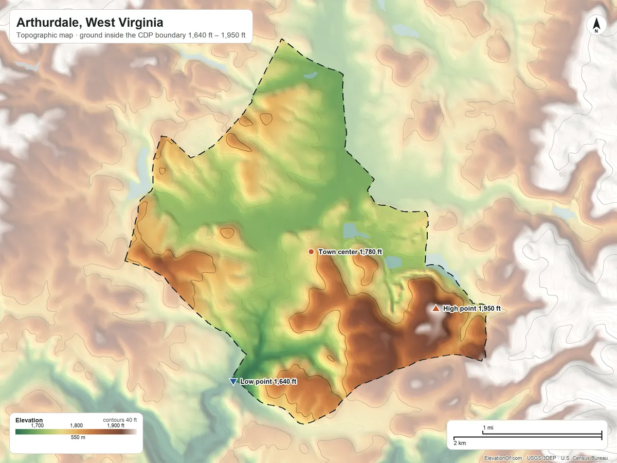Topographic elevation map of Arthurdale, West Virginia, shaded from 1,640 ft on the southwest side to 1,950 ft at the foot of the Briery Mountains