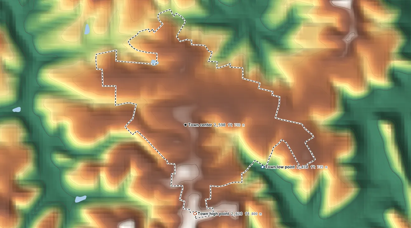 Topographic elevation map of Athens, West Virginia, shaded from 2,410 ft on the southeast side to 2,620 ft on the south side