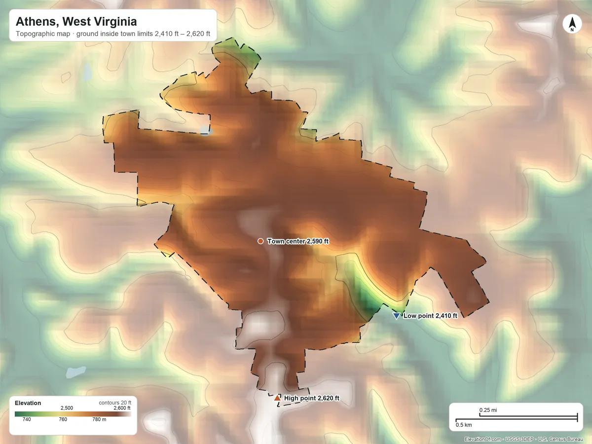 Topographic elevation map of Athens, West Virginia, shaded from 2,410 ft on the southeast side to 2,620 ft on the south side