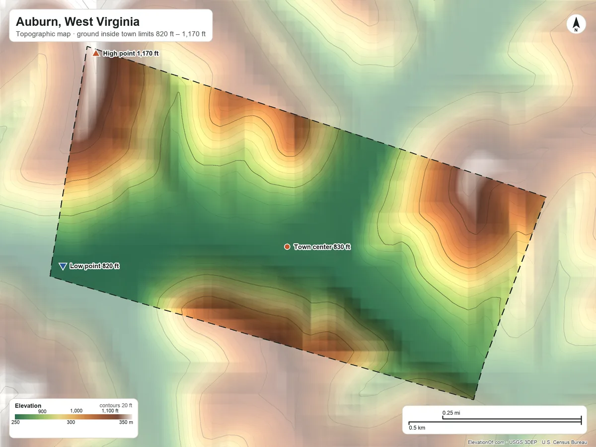 Topographic elevation map of Auburn, West Virginia, shaded from 820 ft on the west side to 1,170 ft on the northwest side