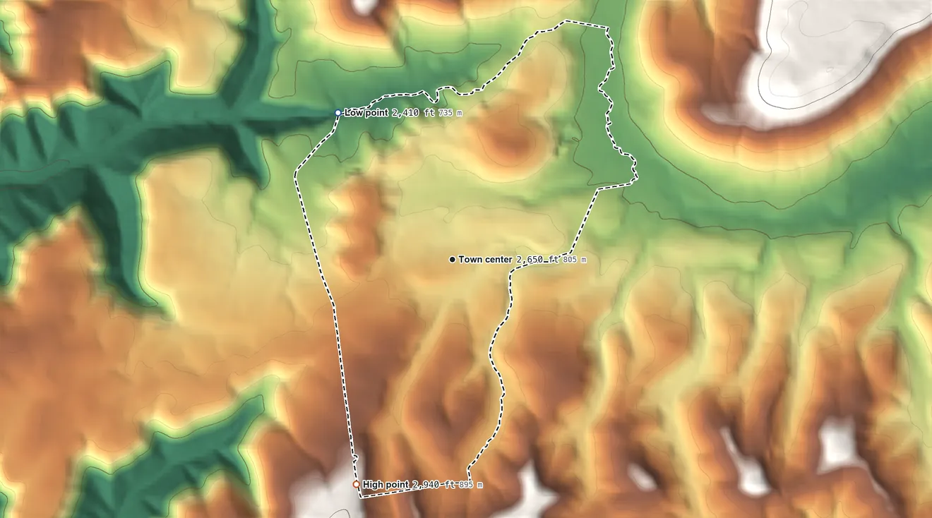 Topographic elevation map of Aurora, West Virginia, shaded from 2,410 ft on the northwest side to 2,940 ft on the southwest side