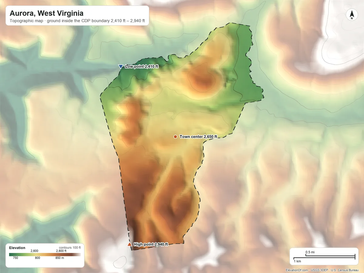Topographic elevation map of Aurora, West Virginia, shaded from 2,410 ft on the northwest side to 2,940 ft on the southwest side