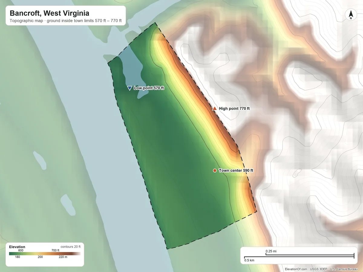 Topographic elevation map of Bancroft, West Virginia, shaded from 570 ft on the northwest side to 770 ft on the north side
