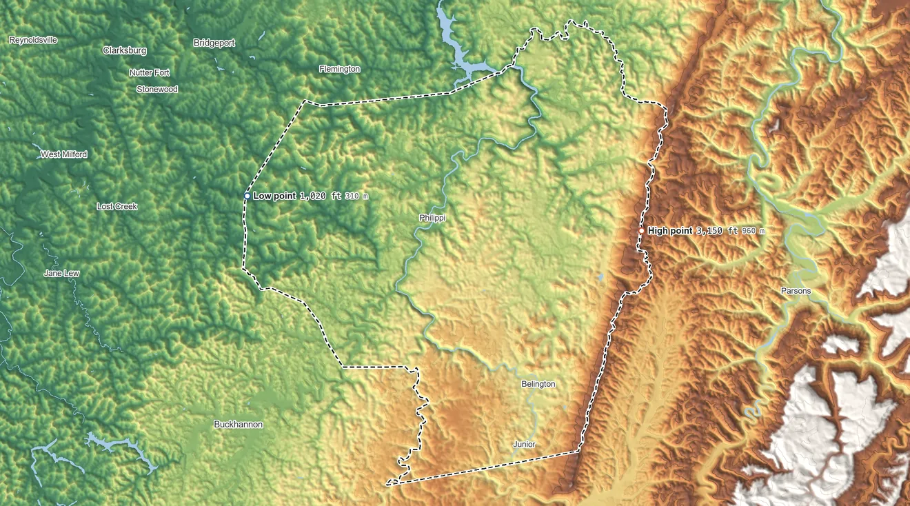 Topographic elevation map of Barbour County, West Virginia, shaded from 1,020 ft on the west side to 3,150 ft on the east side