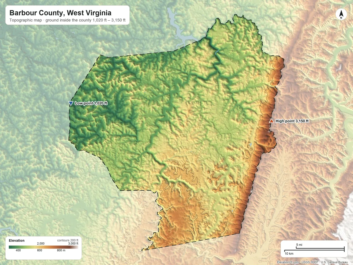 Topographic elevation map of Barbour County, West Virginia, shaded from 1,020 ft on the west side to 3,150 ft on the east side