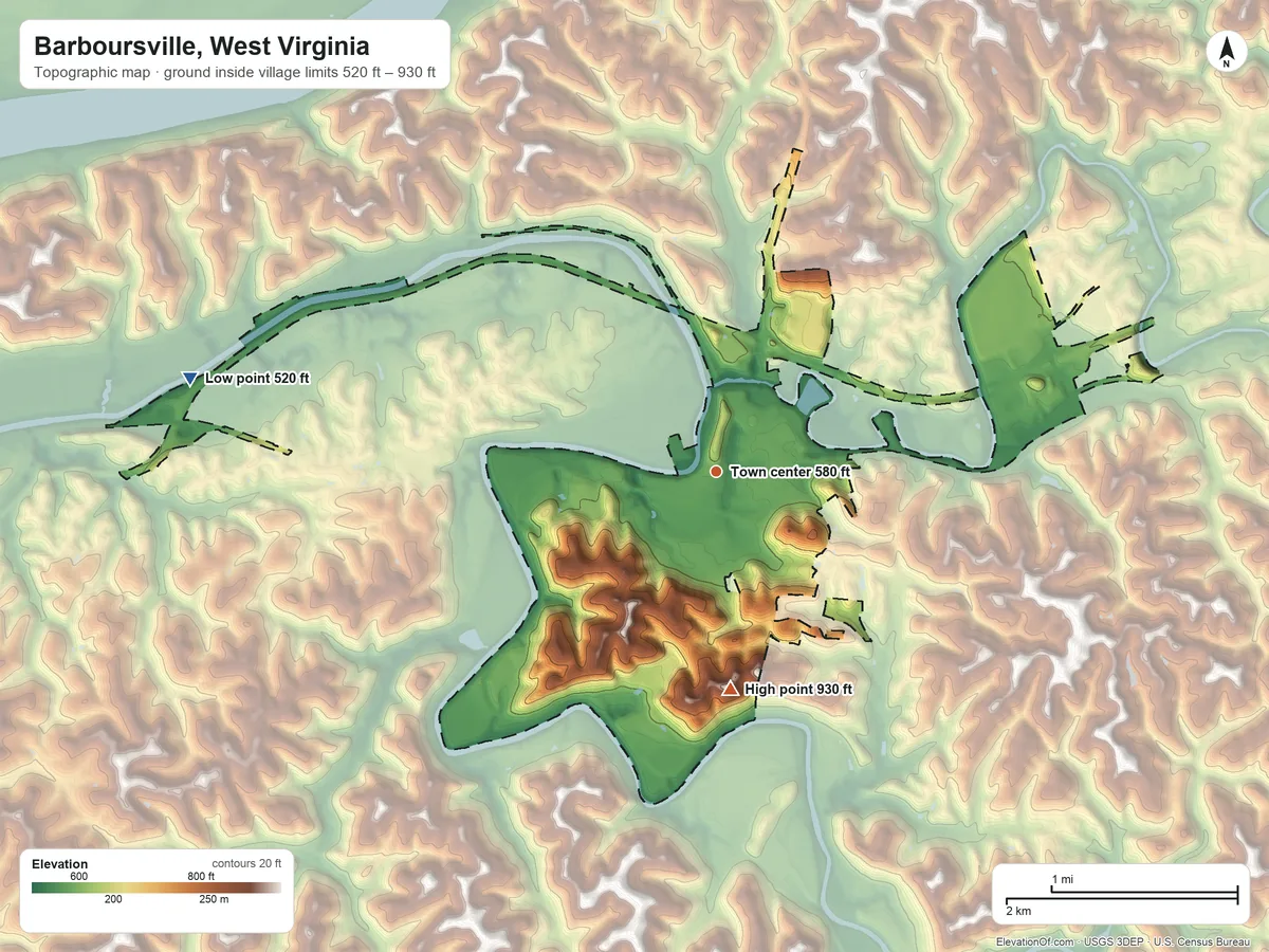 Topographic elevation map of Barboursville, West Virginia, shaded from 520 ft on the west side to 930 ft on the south side