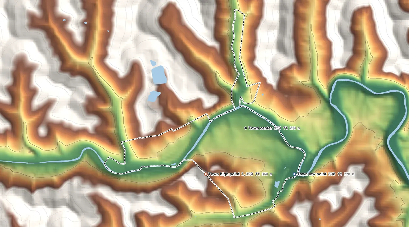 Topographic elevation map of Barrackville, West Virginia, shaded from 890 ft on the southeast side to 1,190 ft on the southwest edge, below higher ground just outside