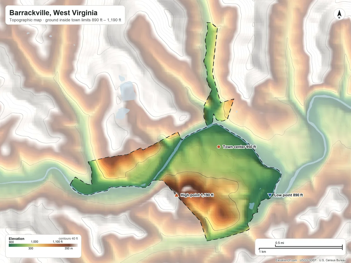 Topographic elevation map of Barrackville, West Virginia, shaded from 890 ft on the southeast side to 1,190 ft on the southwest edge, below higher ground just outside
