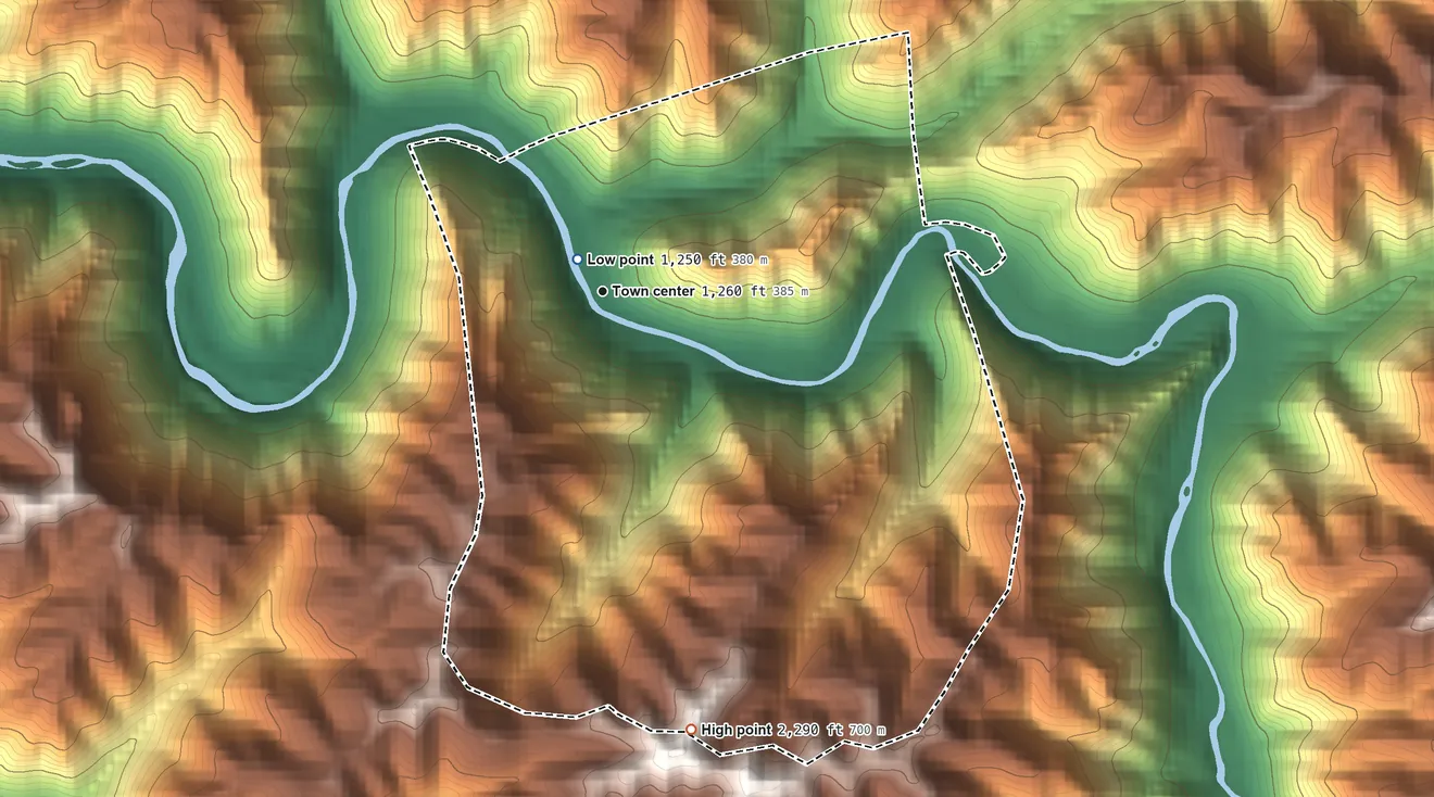 Topographic elevation map of Bartley, West Virginia, shaded from 1,250 ft near the middle to 2,290 ft on the south side