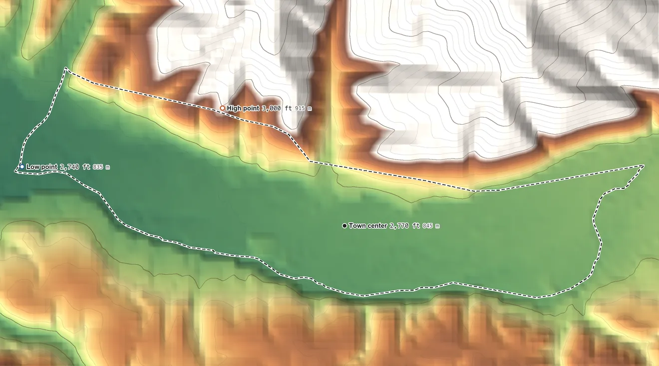 Topographic elevation map of Bartow, West Virginia, shaded from 2,740 ft on the west side to 3,000 ft on the northwest edge, below higher ground just outside