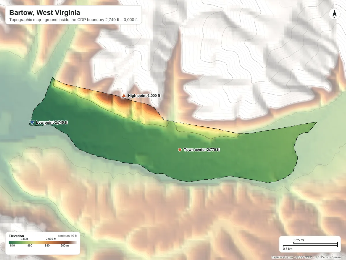 Topographic elevation map of Bartow, West Virginia, shaded from 2,740 ft on the west side to 3,000 ft on the northwest edge, below higher ground just outside