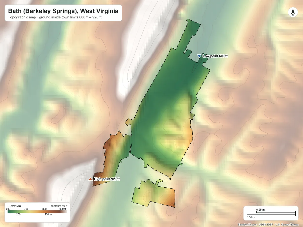Topographic elevation map of Bath (Berkeley Springs), West Virginia, shaded from 600 ft on the northeast side to 920 ft on the southwest edge, below higher ground just outside