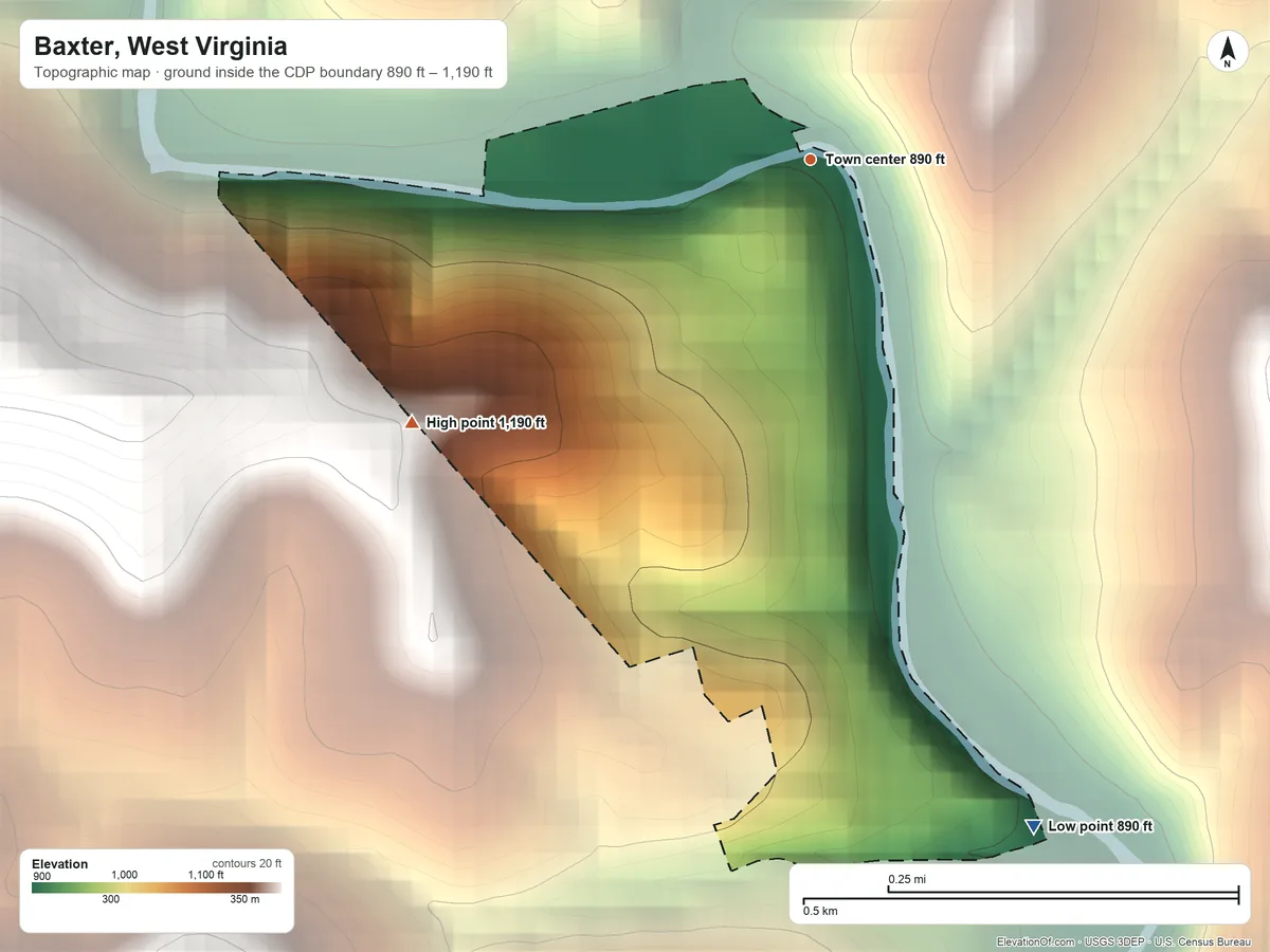 Topographic elevation map of Baxter, West Virginia, shaded from 890 ft on the south side to 1,190 ft on the southwest edge, below higher ground just outside