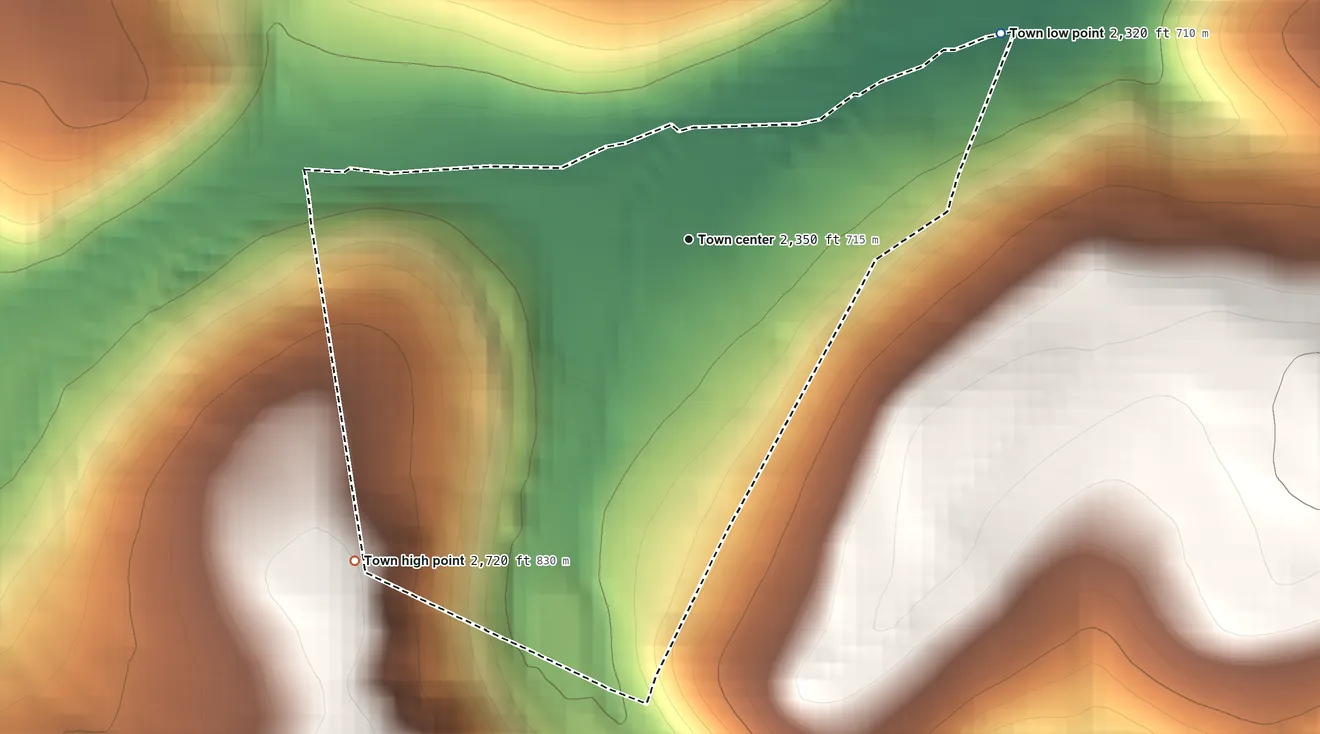 Topographic elevation map of Bayard, West Virginia, shaded from 2,320 ft on the northeast side to 2,720 ft on the southwest edge, below higher ground just outside