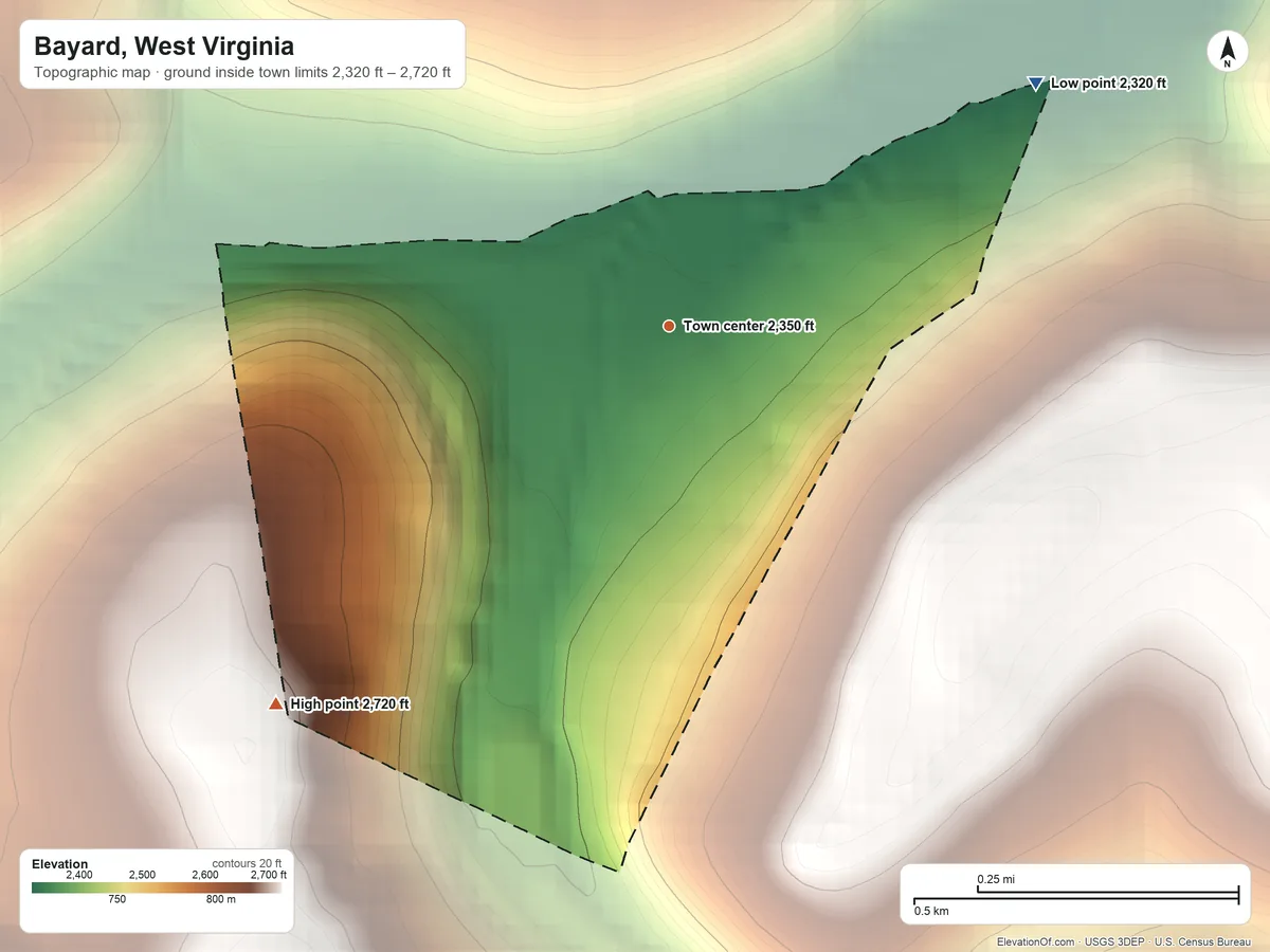 Topographic elevation map of Bayard, West Virginia, shaded from 2,320 ft on the northeast side to 2,720 ft on the southwest edge, below higher ground just outside
