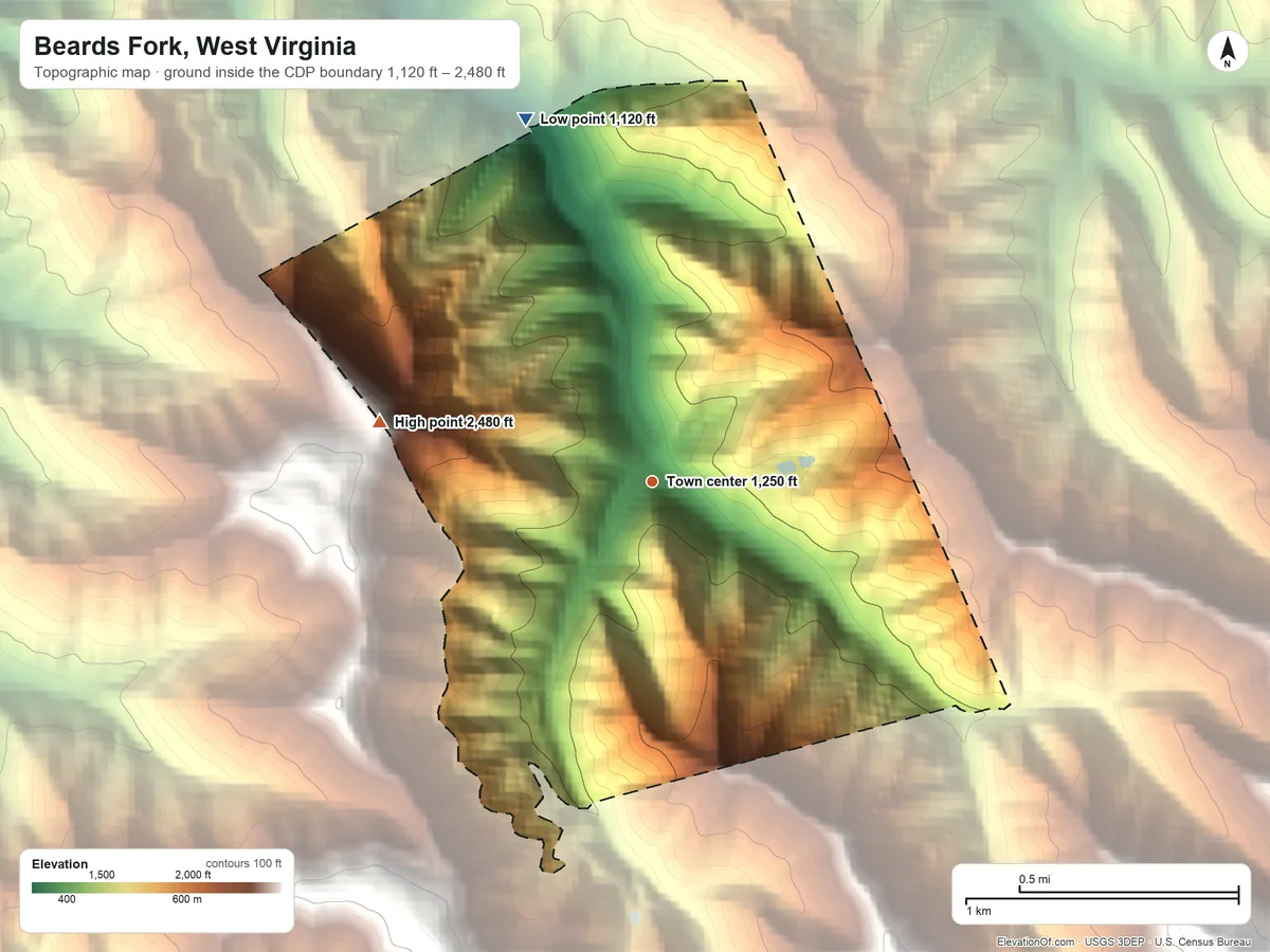 Topographic elevation map of Beards Fork, West Virginia, shaded from 1,120 ft on the north side to 2,480 ft on the west side